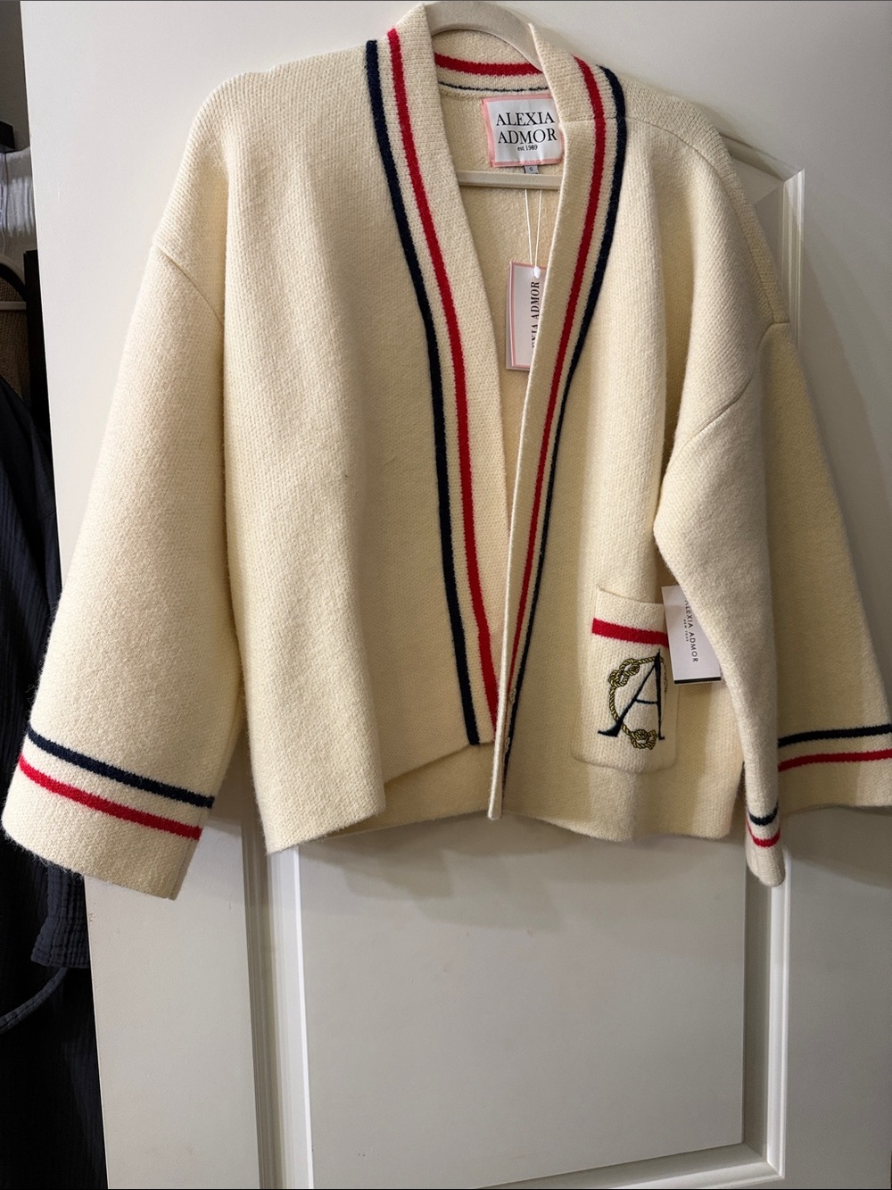 Alexia Admor Cream Knit Cardigan with Red & Navy Stripes